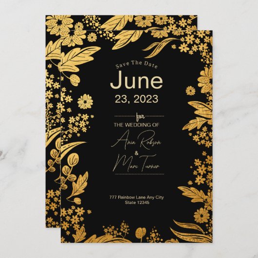 Moderne Elegante Zwarte en Gouden Bloemige Save th Save The Date (Voorkant / Achterkant)