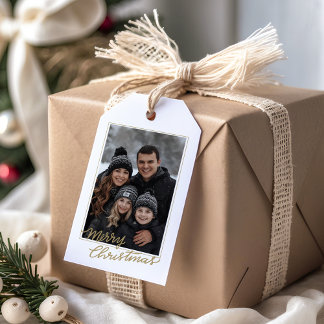 Moderne Elegante Zwarte en Gouden Familiefoto Cadeaulabel