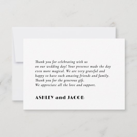 Moderne, elegante zwarte en witte bruiloft bedankkaart (Achterkant)