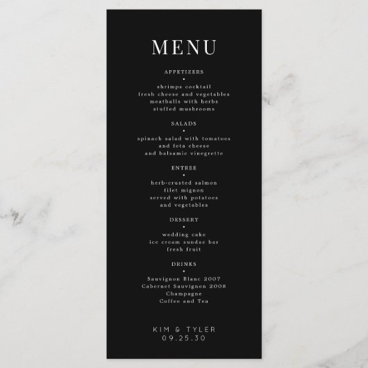 Moderne elegante zwarte en witte eenvoudige trouw menu (Voorkant)