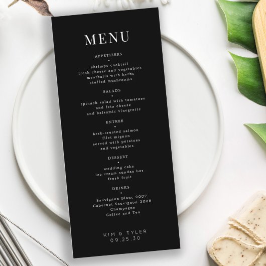 Moderne elegante zwarte en witte eenvoudige trouw menu
