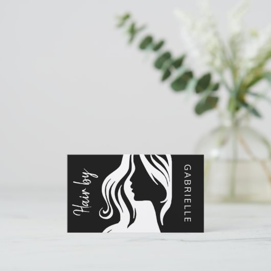 Moderne elegante zwarte en witte haarstylist visitekaartje (Staand voorkant)