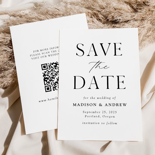 Moderne Elegante Zwarte en Witte QR-code Save The Date