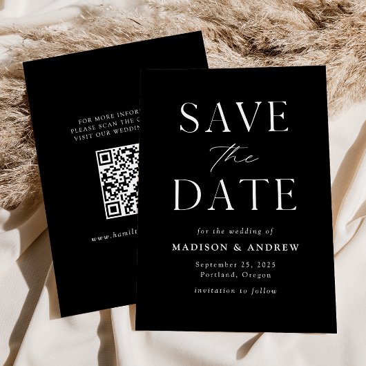Moderne Elegante Zwarte en Witte QR Code Save The Date