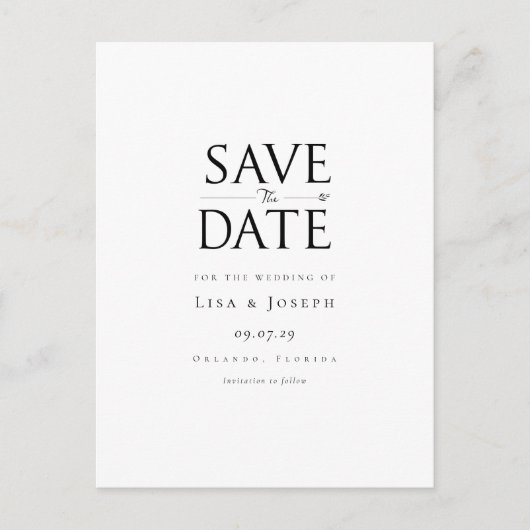 Moderne Elegante Zwarte en Witte Save the Date Briefkaart (Voorkant)
