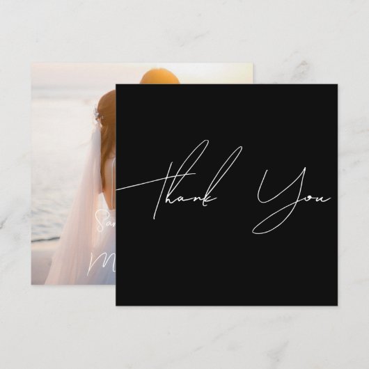 Moderne elegante zwarte foto bruiloft dank u kaart (Voorkant / Achterkant)