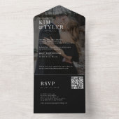 Moderne elegante zwarte foto QR RSVP bruiloft All In One Uitnodiging (Binnen)