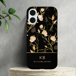 Moderne Elegante Zwarte Gouden Bloemmotief  iPhone 16 Hoesje