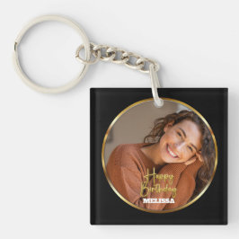 Moderne Elegante Zwarte & Gouden Foto Naam Verjaar Sleutelhanger