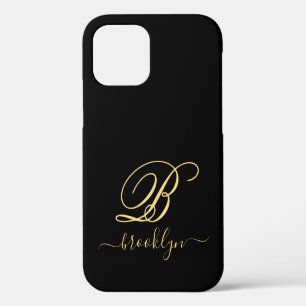Moderne Elegante Zwarte Gouden Handgeschreven Mono iPhone 12 Hoesje
