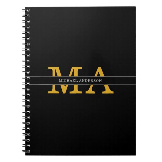 Moderne Elegante Zwarte Gouden Monogram Naam Notitieboek (Voorkant)