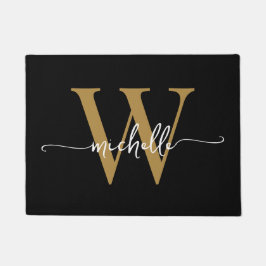 Moderne Elegante Zwarte Gouden Monogram Naam Scrip Deurmat