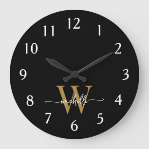 Moderne Elegante Zwarte Gouden Monogram Naam Scrip Grote Klok