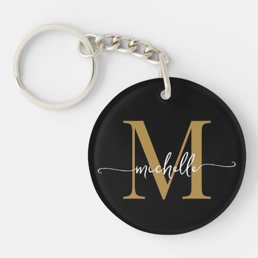Moderne Elegante Zwarte Gouden Monogram Naam Scrip Sleutelhanger (Voorkant)