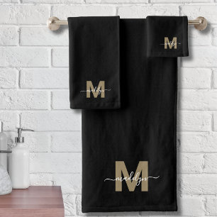 Moderne Elegante Zwarte Gouden Script Naam Monogra Bad Handdoek