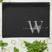 Moderne Elegante Zwarte Grijze Monogram Naam Lette Theedoek (Gevouwen)
