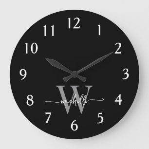 Moderne Elegante Zwarte Grijze Monogram Naam Schri Grote Klok