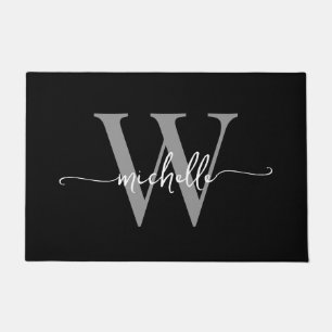 Moderne Elegante Zwarte Grijze Monogram Naam Scrip Deurmat