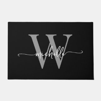 Moderne Elegante Zwarte Grijze Monogram Naam Scrip Deurmat