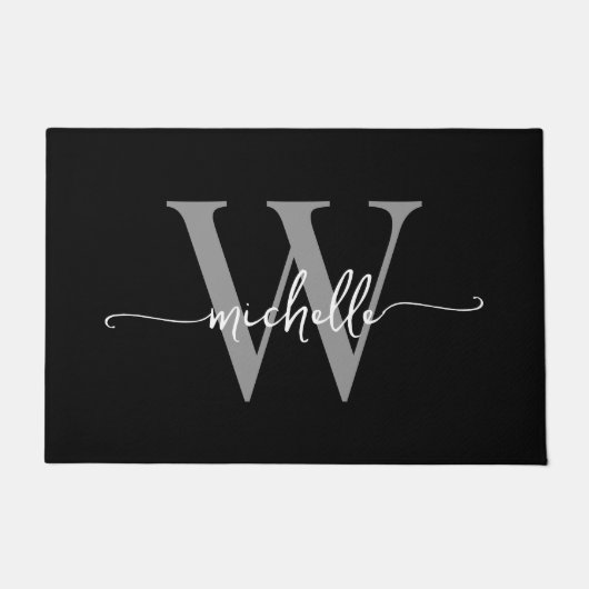 Moderne Elegante Zwarte Grijze Monogram Naam Scrip Deurmat (Voorkant)