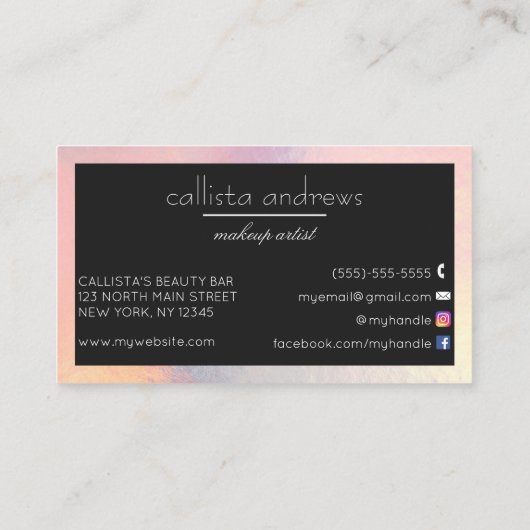 Moderne elegante zwarte holografische iriserende r visitekaartje (Achterkant)