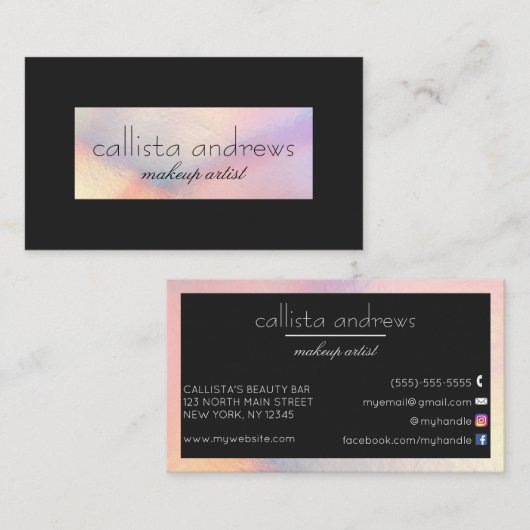 Moderne elegante zwarte holografische iriserende r visitekaartje (Voorkant / Achterkant)