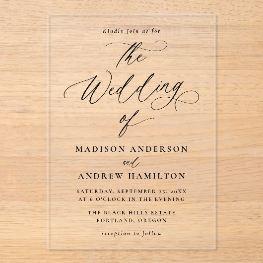 Moderne elegante zwarte kalligrafie bruiloft acryl uitnodigingen (Voorkant)