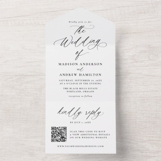 Moderne elegante zwarte kalligrafie bruiloft all in one uitnodiging (Binnen)