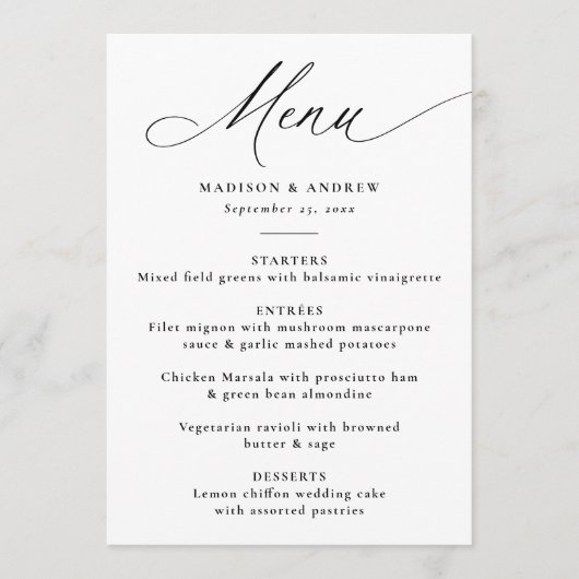 Moderne elegante zwarte kalligrafie bruiloft menu (Voorkant)