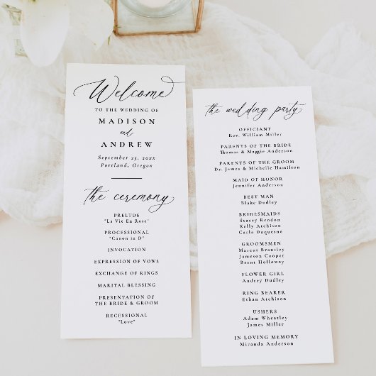 Moderne elegante zwarte kalligrafie bruiloft programmakaart