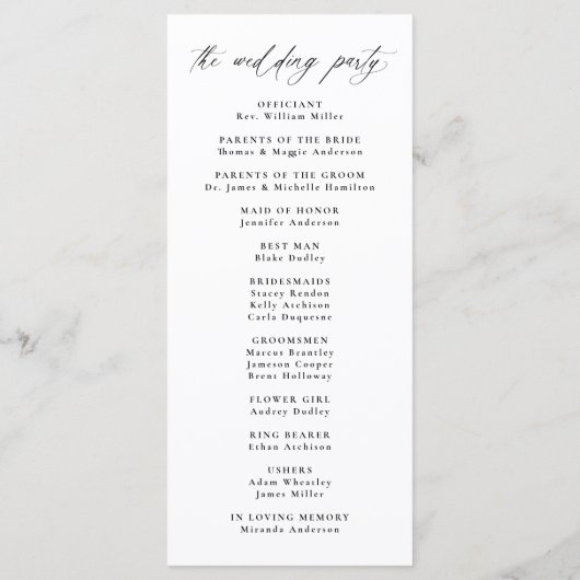 Moderne elegante zwarte kalligrafie bruiloft programmakaart (Achterkant)