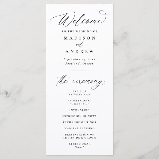 Moderne elegante zwarte kalligrafie bruiloft programmakaart (Voorkant)