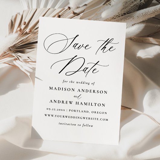 Moderne elegante zwarte kalligrafie bruiloft save the date