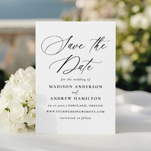 Moderne elegante zwarte kalligrafie bruiloft save the date