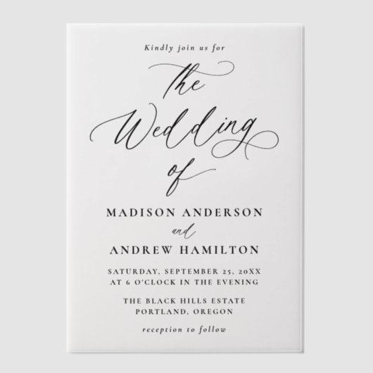 Moderne elegante zwarte kalligrafie bruiloft vellum uitnodigingen (Voorkant)