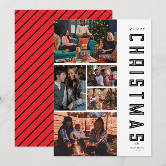 Moderne Elegante Zwarte Kerstkaart met Vijf Foto's (Voorkant / Achterkant)