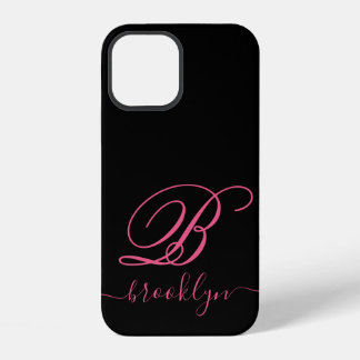 Moderne Elegante Zwarte Roze Handgeschreven Monogr iPhone 12 Hoesje