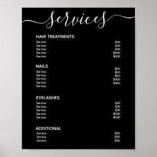 Moderne Elegante Zwarte Salon Prijzenlijst Service Poster