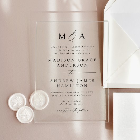 Moderne Elegante Zwarte Schrift Monogram Huwelijk Acryl Uitnodigingen