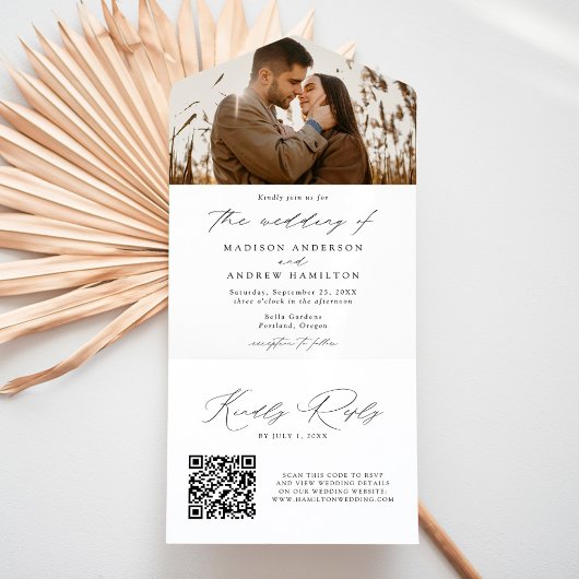 Moderne Elegante Zwarte Script Foto Bruiloft All In One Uitnodiging