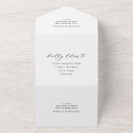 Moderne elegante zwarte trouwfoto all in one uitnodiging (Buitenkant)