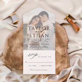 Moderne elegante zwarte trouwfoto all in one uitnodiging