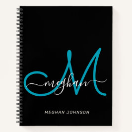 Moderne Elegante Zwarte Turkooisen Script Monogram Notitieboek