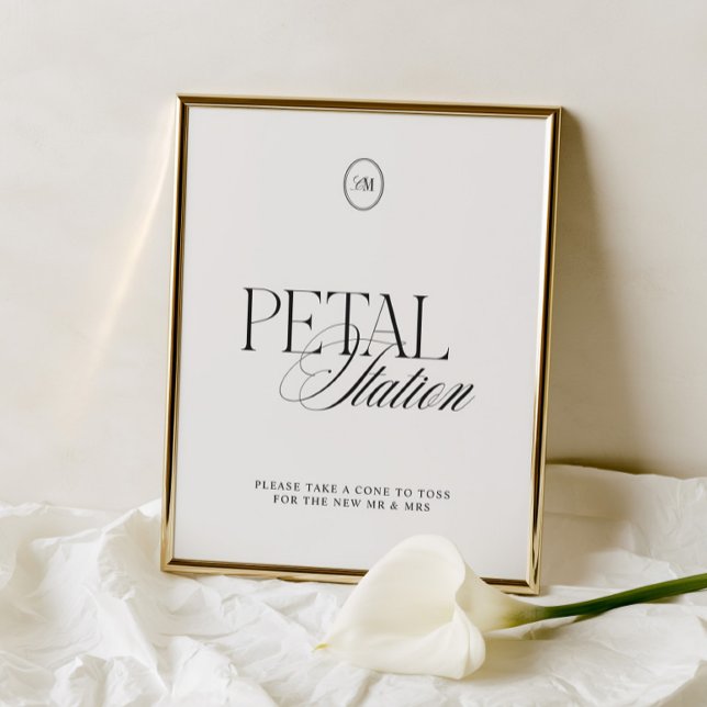 Moderne Elegante Zwarte & Witte Bloemblad Station  (Modern Elegant Black & White Petal Station Sign)