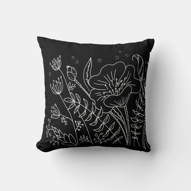 Moderne Elegante Zwarte Witte Bloemen Kussen (Voorkant)