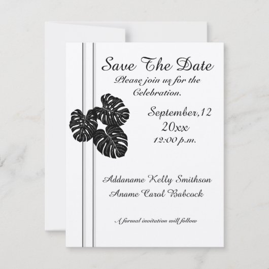 Moderne elegante zwarte witte grafische bladeren save the date (Voorkant)