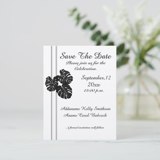 Moderne elegante zwarte witte grafische bladeren save the date (Staand voorkant)