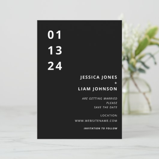 Moderne Elegante Zwarte & Witte Minimalistische Br Save The Date (Staand voorkant)