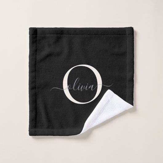 Moderne Elegante Zwarte Witte Monogram Script Bad Handdoek (Wasdoekje)
