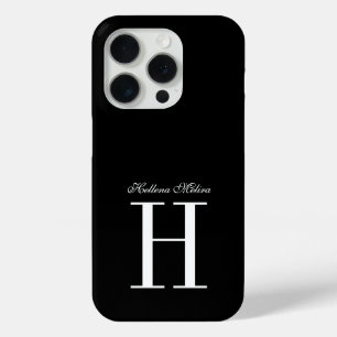 Moderne Elegante Zwarte Witte Monogram Script Naam iPhone 15 Pro Case